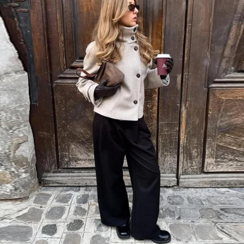 Stand Collar Asymmetric Woman's Coats Jacket for Woman Wool Short Tops Loose Cropped Jackets Autumn Winter Wear Daily Outfits
