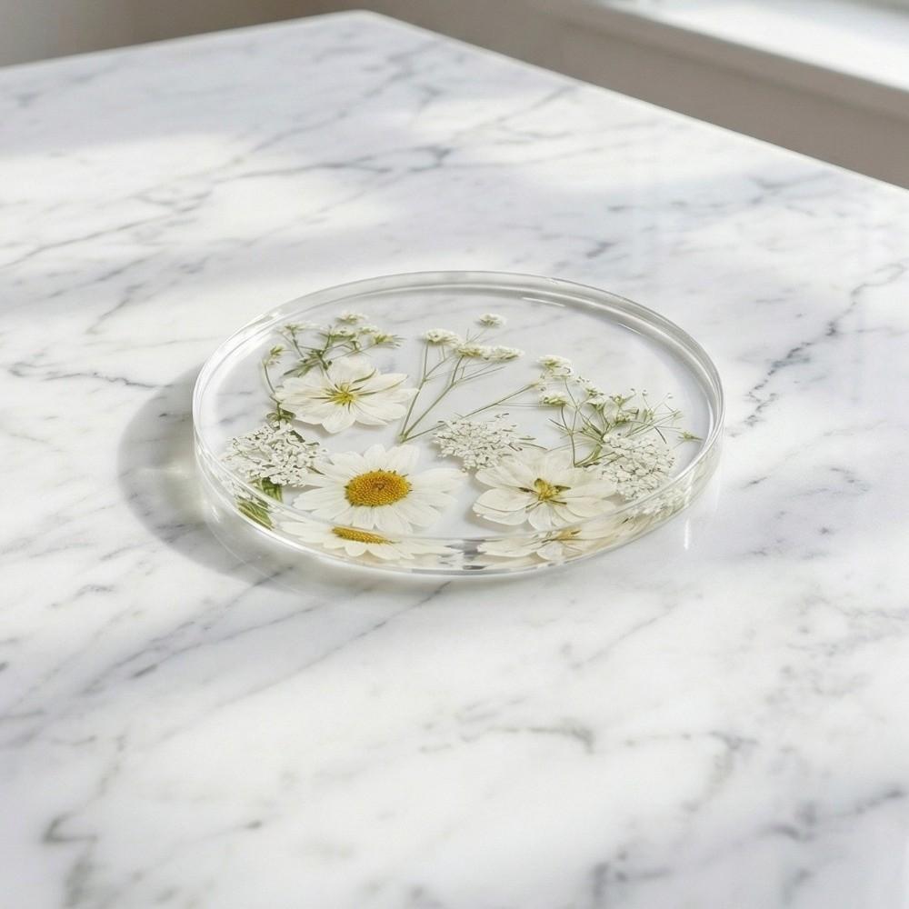 Round Floral Print Coasters Transparent Cup Mat Durable Insulation Pad Tea Table