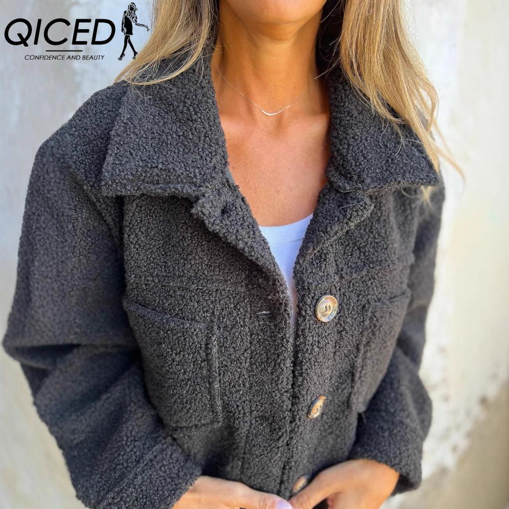 QICED Women's Vintage Casual Lattice Print Autumn Winter Long Sleeve POLO Neck Jackets & Coats