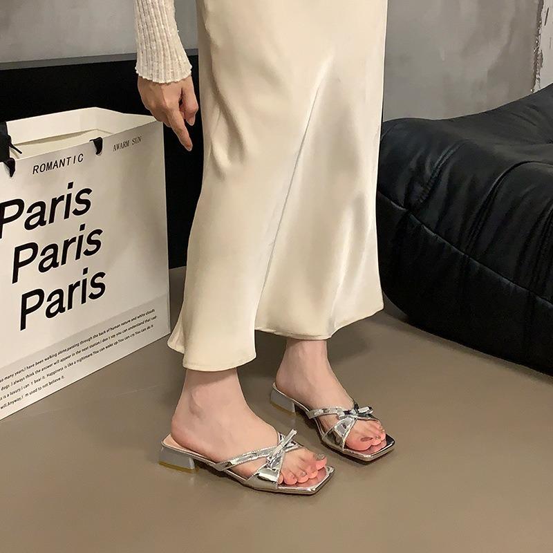 Satin bow sandals summer new silver with skirt thick heel sandals