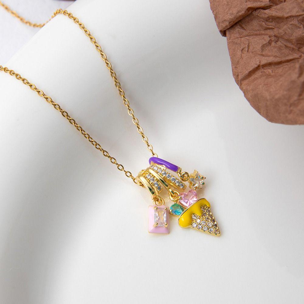 Colorful Ice Cream Necklace Stainless Steel Enamel Pendant Flower Zircon Necklace  Jewelry Gift
