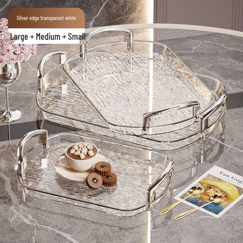 ZISIZ Light Luxury Glacier White Dining Tray 3-Piece Set with Silver Trim