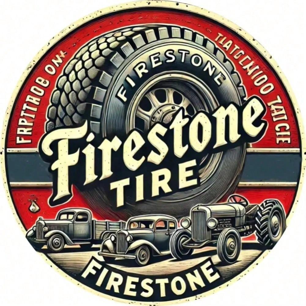 Segno in Metallo Arte Pneumatico Vintage Firestone, Robusto Arredo da Parete Interno Esterno, Opzione Regalo