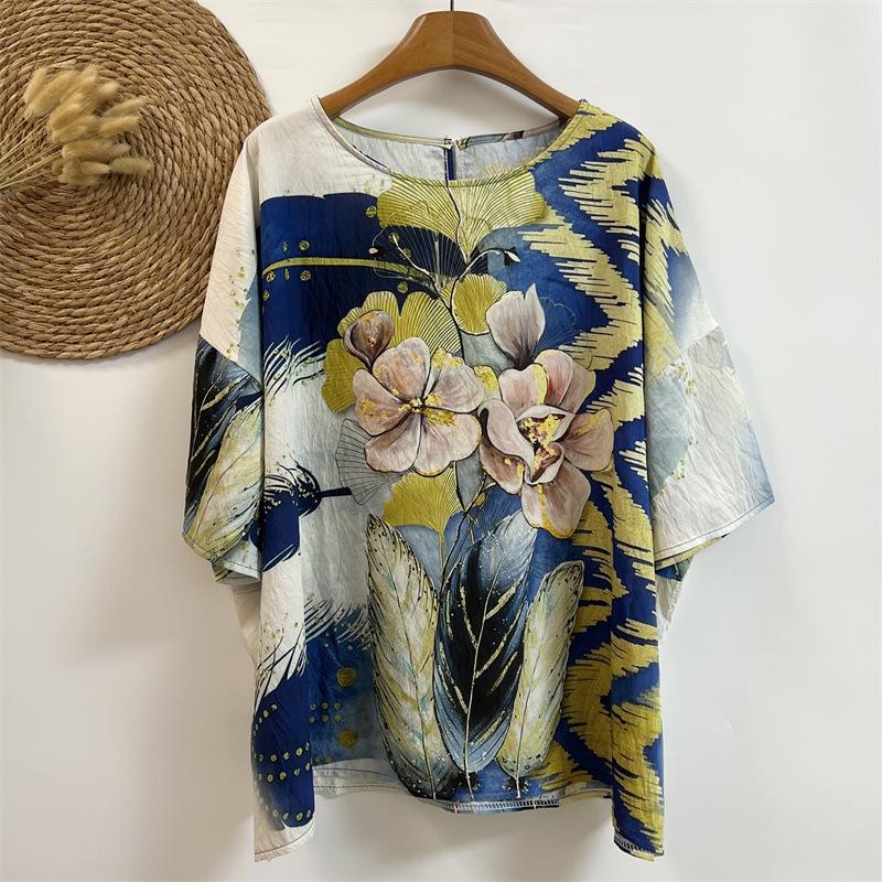 Maglietta estiva in cotone e lino, stile etnico, manica a pipistrello, ampia, da donna, scollo rotondo