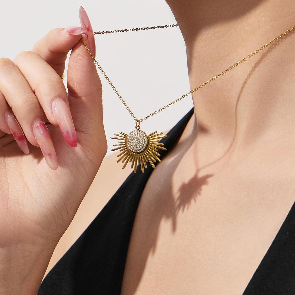 5A Zircon Sun Pendant Necklace, 18k Gold-Plated Stainless Steel