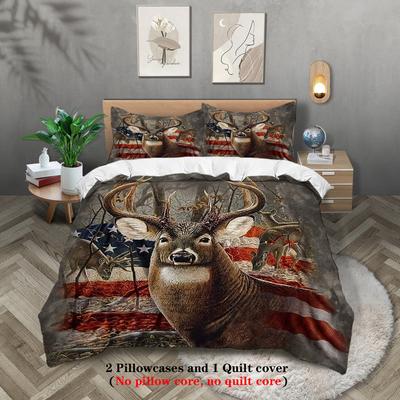 3pcs Elk and American Flag Printed Bedding Set,comfortable and Breathable,queen, King, Double Bed, for Bedroom, Guestroom, Hotel