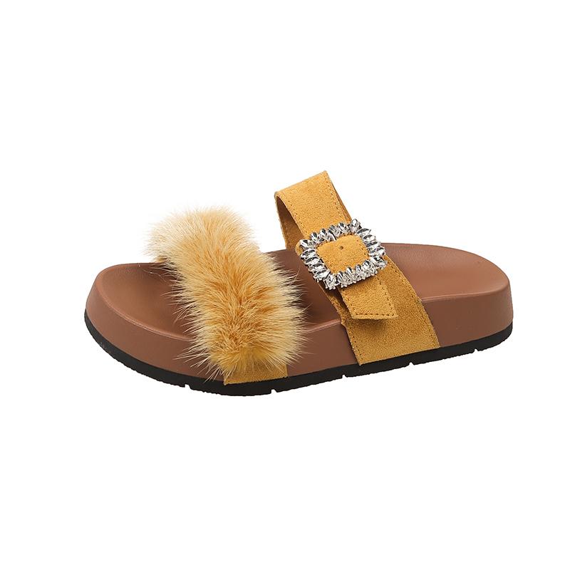 Fashion Women Summer Casual Fluffy Slippers With Fur Flat Non-Slip Fox Fur Furry Slides Large Size Shoes Fur Sandals