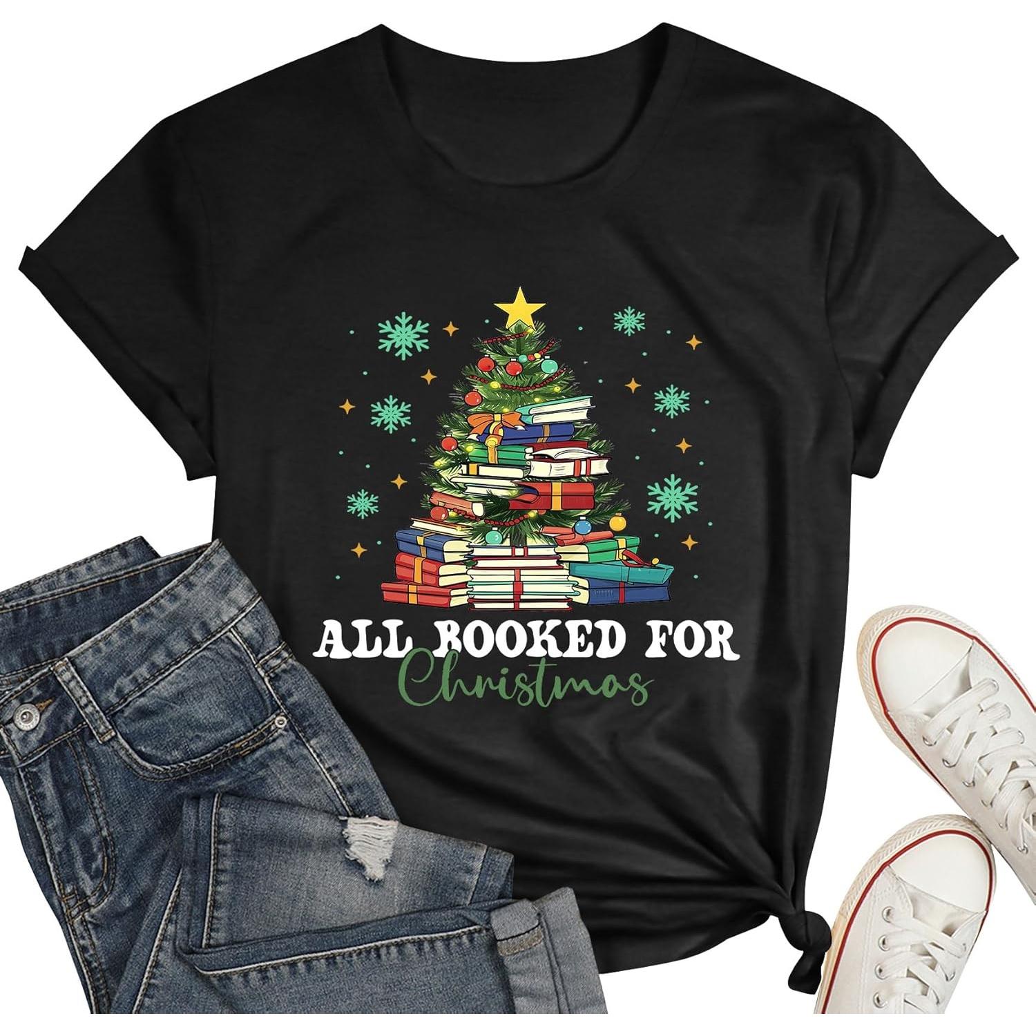 Christmas Tree Tshirt Women Christmas Books Shirt Teacher Xmas T-Shirt Book Lovers Gifts Holiday Tees Tops S чёрный