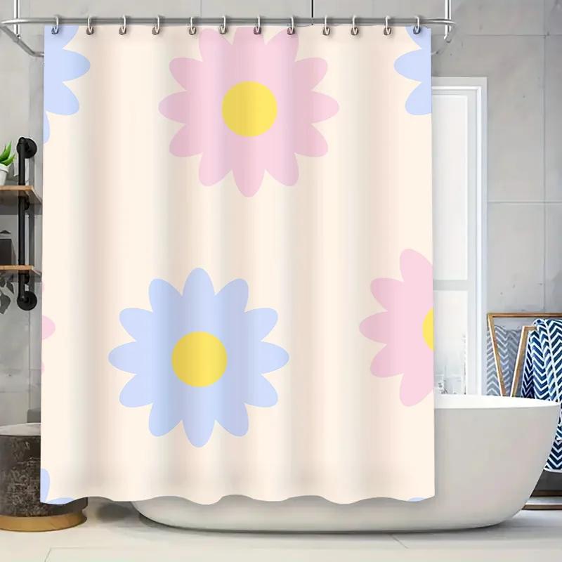 

Soft Plush Shower Curtainelegant Pink Blue Daisy Print Shower Curtains For Bathroom Decor Waterproof Fabric Home Decoration 180X W60H190(CM)-1 Pcs