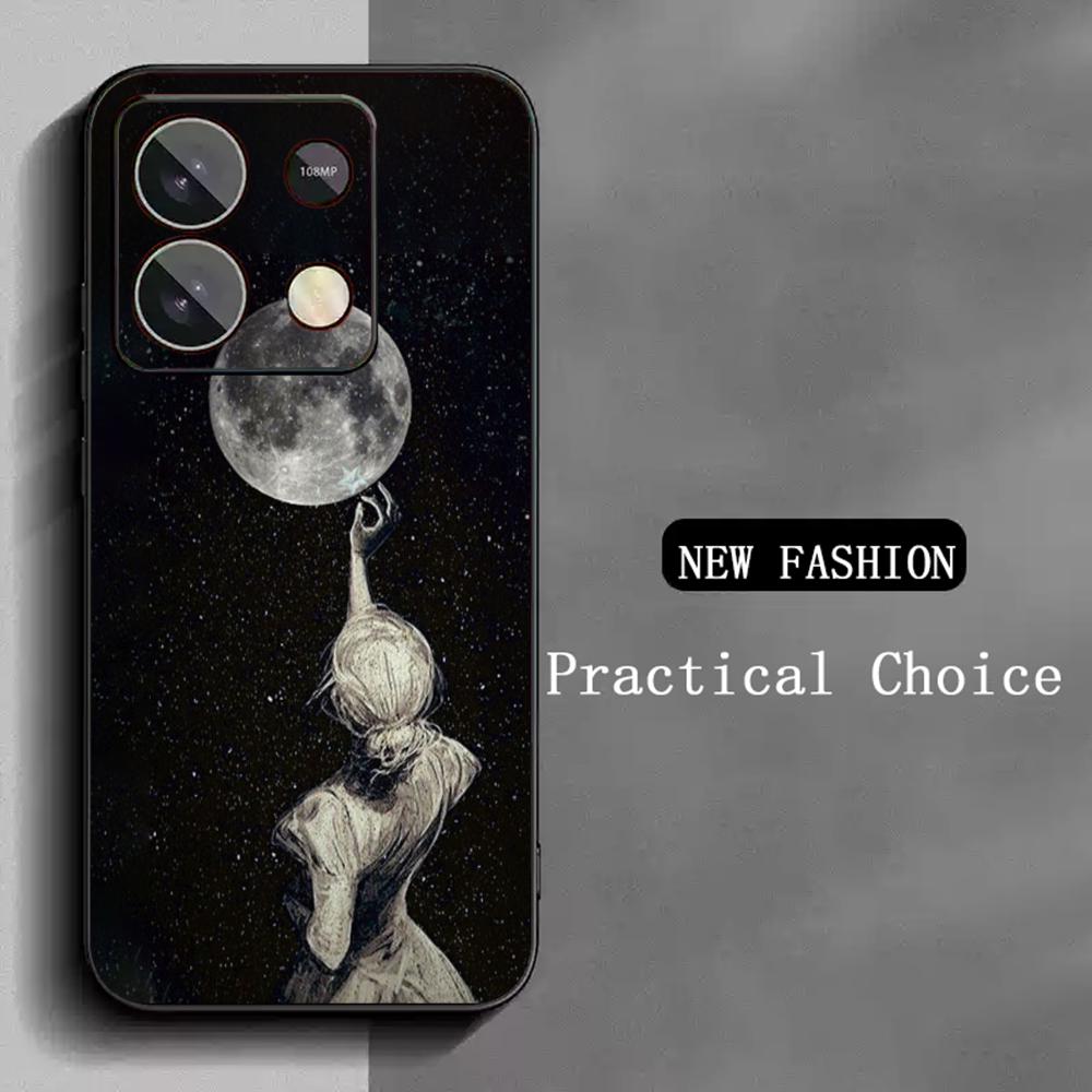 Moon Fashion art pattern design ins Phone Case For Redmi Note 14 13 12 11 Pro Plus S 5G 14C A3 Soft Black Phone Cover