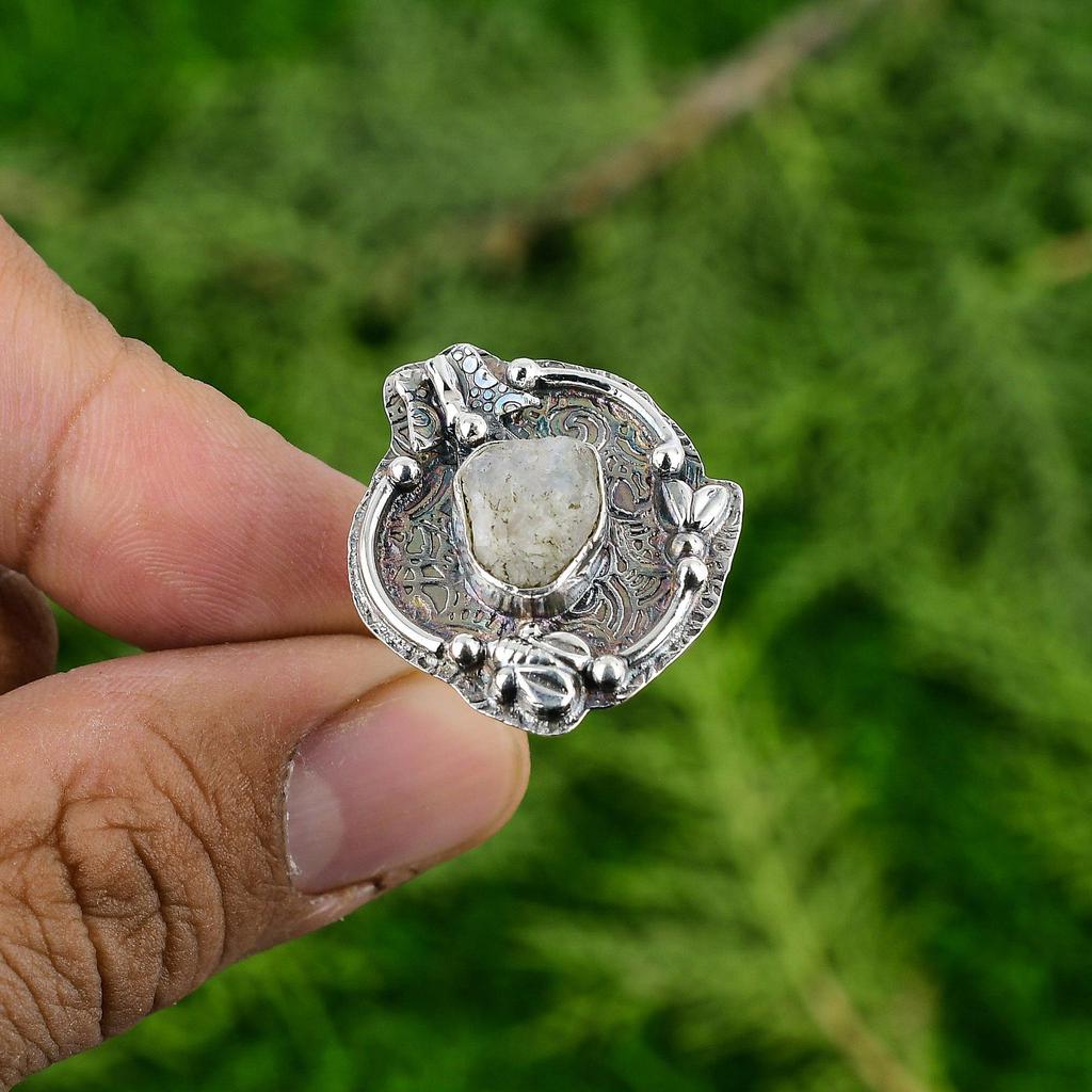 Natural Rainbow Moonstone Rough Stackable Adjustable Ring 925 Silver