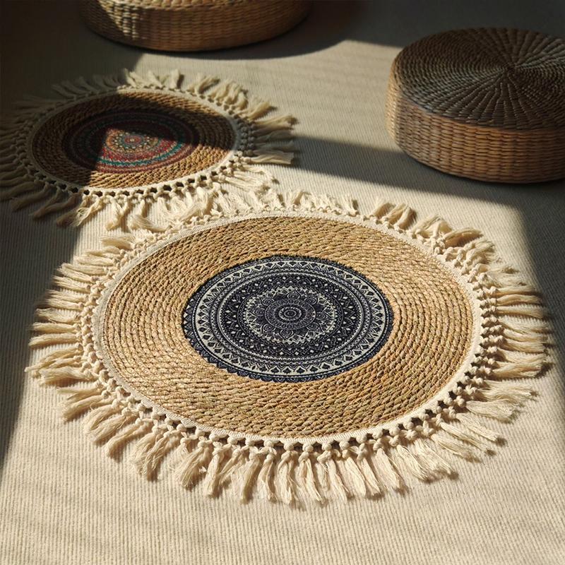 Vintage Pastoral Round Cotton Linen Placemats Bohemian Handwoven Tassels Placemats Soft Non-Slip Table Pad Vase Mats Accessories