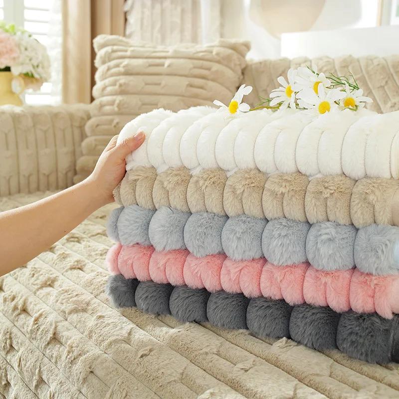 Kaninchen Plüsch Sofamatte Weich Winter Verdickt Warm Sofabezug Warm Rutschfester Bezug Stoff Handtuch Schlichtheit Unifarben Sofabezug
