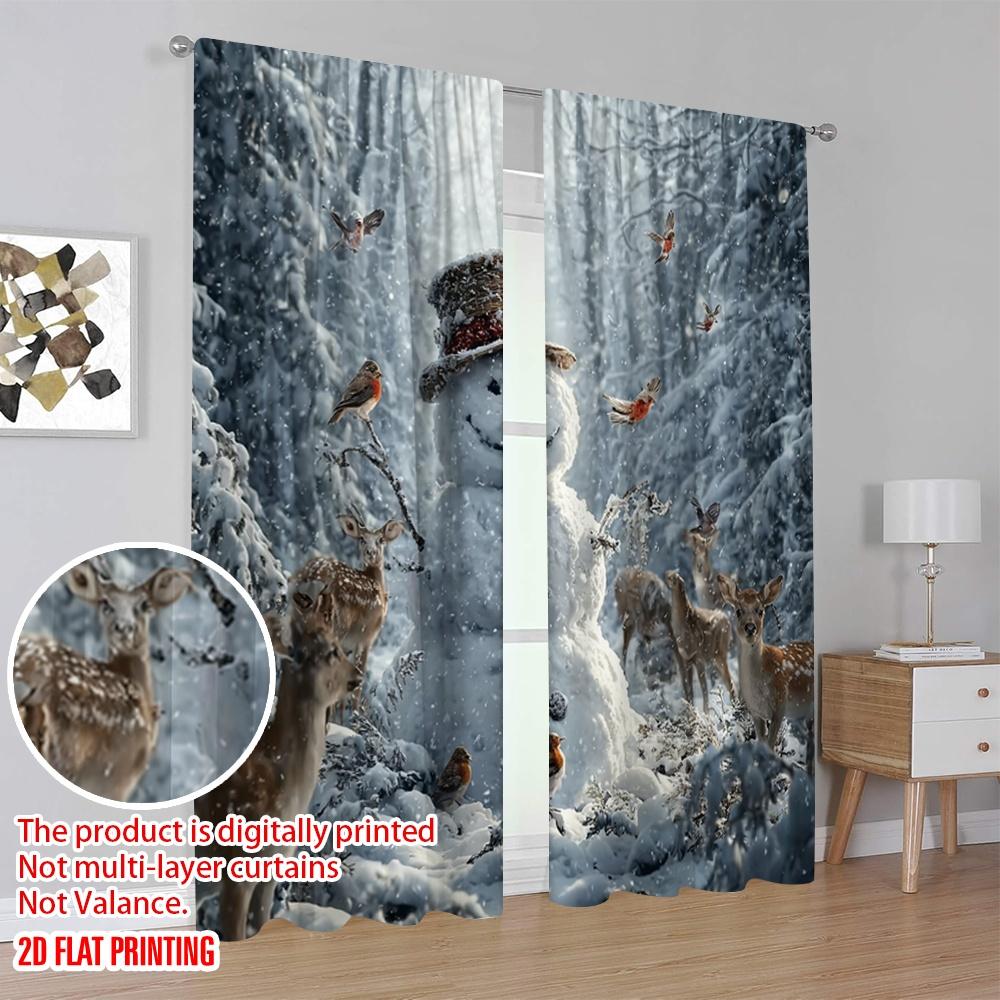 2pcs,2D Plane Printing Pattern Curtains Snowman & Reindeer Versatile Durable Polyester (without Rod) Home Decor Use for Living