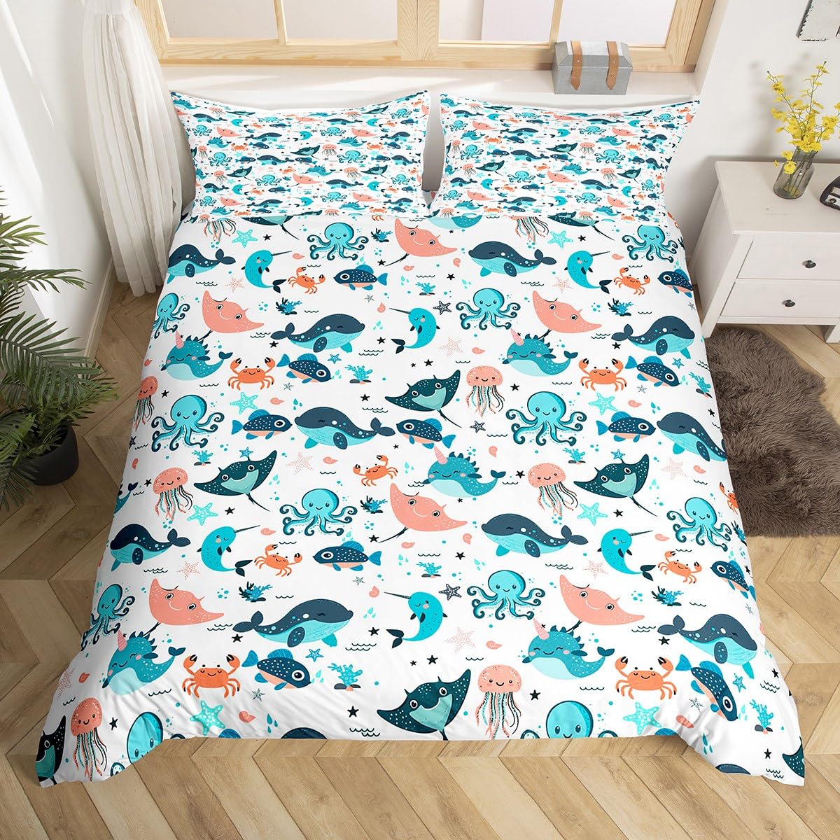 

Comforter Cartoon Ocean Fish Microfiber Sea Underwater World Comforter Full King For Boys Girls Marine Theme Bedding Set Comforter (quilt)-EU Single(135*200cm)3pcs