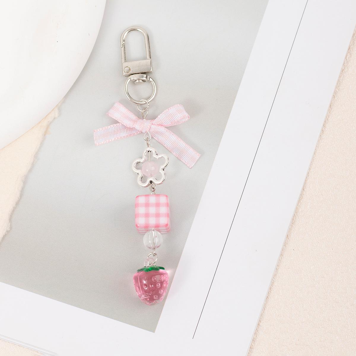 Милый Клубничный Бант с Бусинами – Брелок для Телефона и Ключей – Японский и Корейский Стиль