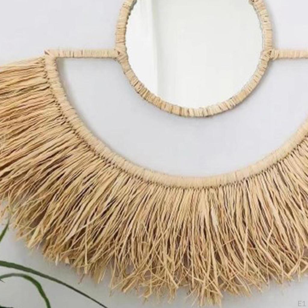 Boho Hanging Mirror Straw Made Fan-Shaped Decor Unique Multifunctional Wall for Dorm
