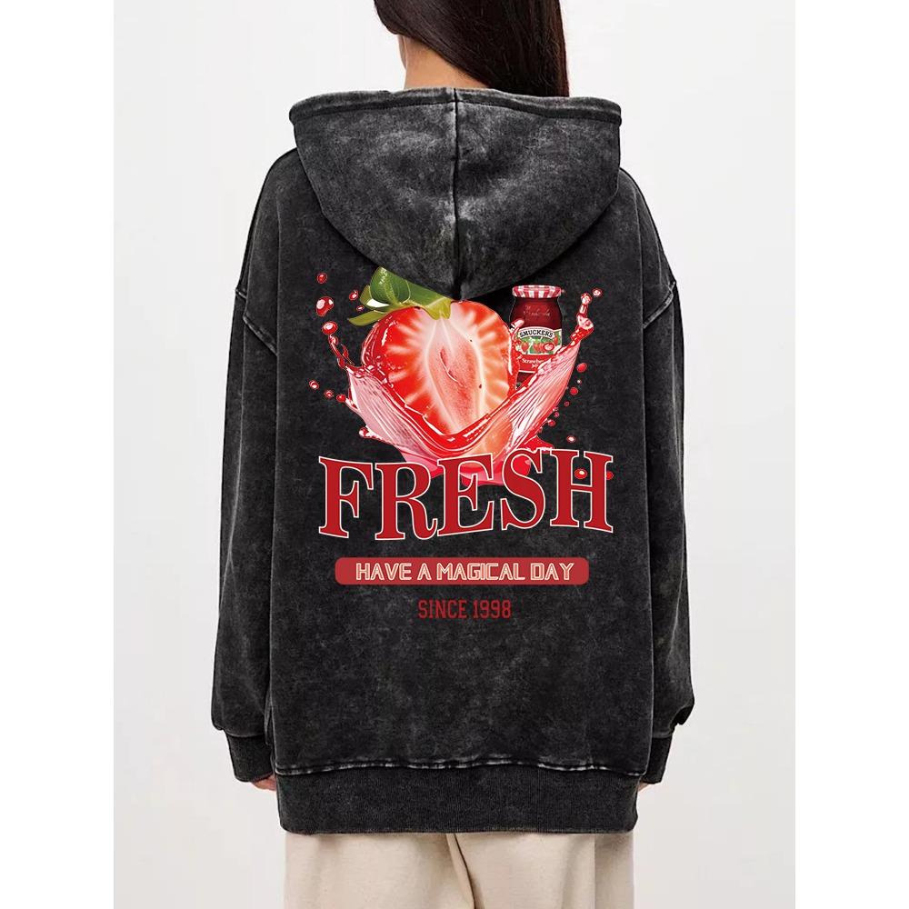 Fashion Womans Washed Hoodie Fresh Strawberriy Printed Streetwears Warm Cotton Oversize Pullovers Couple Clothes