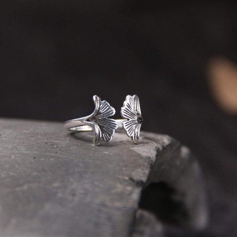 Japanischer Hansen Girl Retro-Stil Ginkgo Blatt Ring Damenmode Persönlichkeit Offener Zeigefingerring