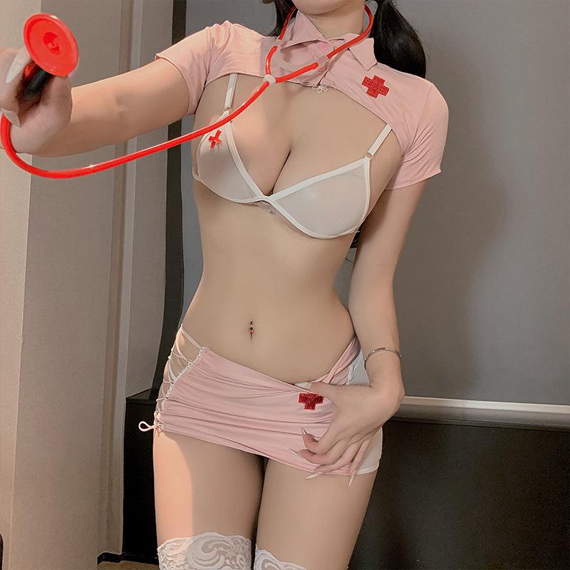 Sex Nurse Uniform Cosplay Underwear Short Skirt Side Strap Three-Point Lace-Up Seduction Set
