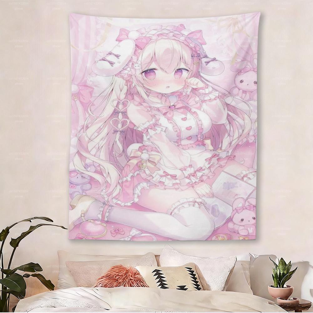 Kawaii Pink Anime Girl Tapestry Cute Maid Lolita Wall Hanging for Bedroom Dorm Decor