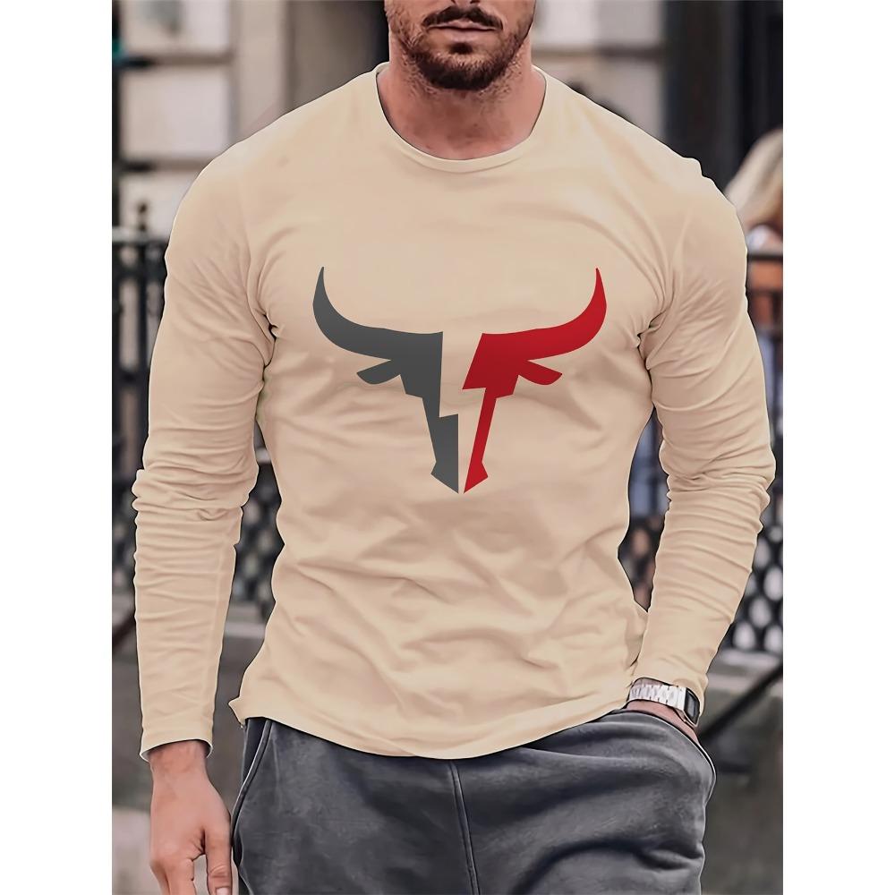 Men's Casual Sports Bull Pattern Printed Round Neck Long Sleeved T-shirt Top