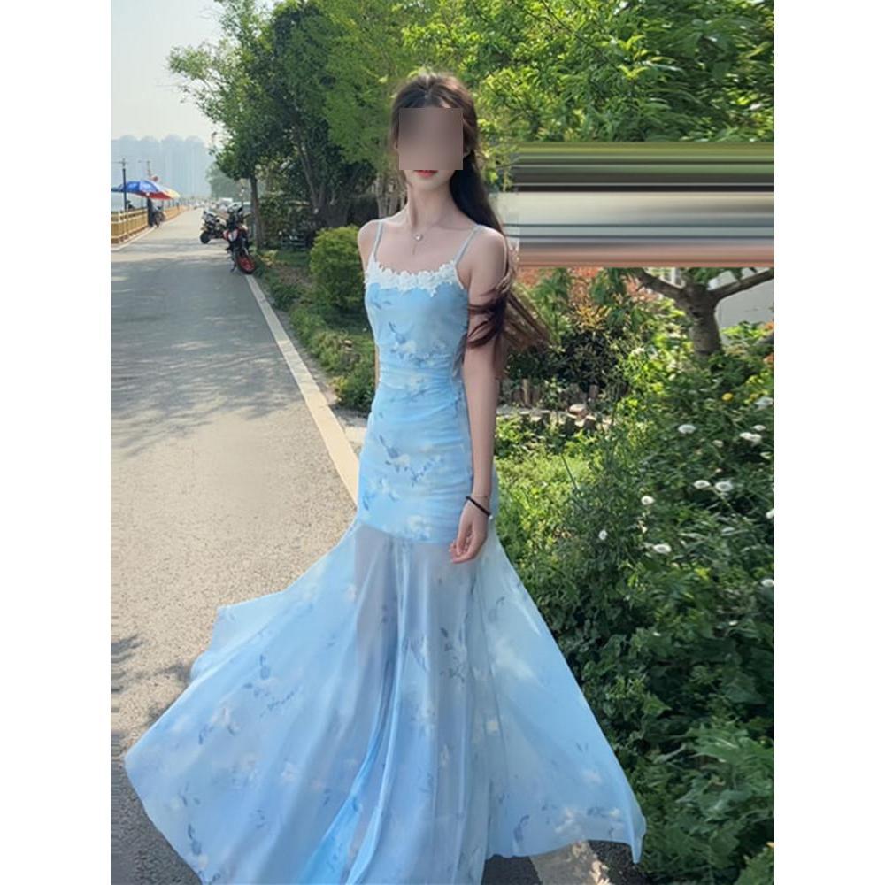 Blue floral suspender dress women's summer seaside vacation slim fishtail hip wrap dress