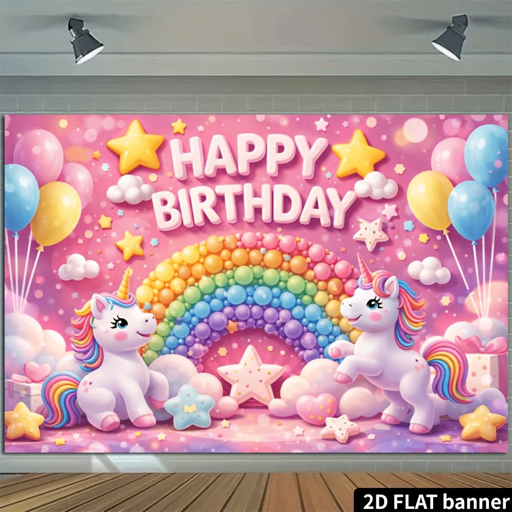 2D flat unicorn candy rainbow birthday background pink background happy birthday theme
