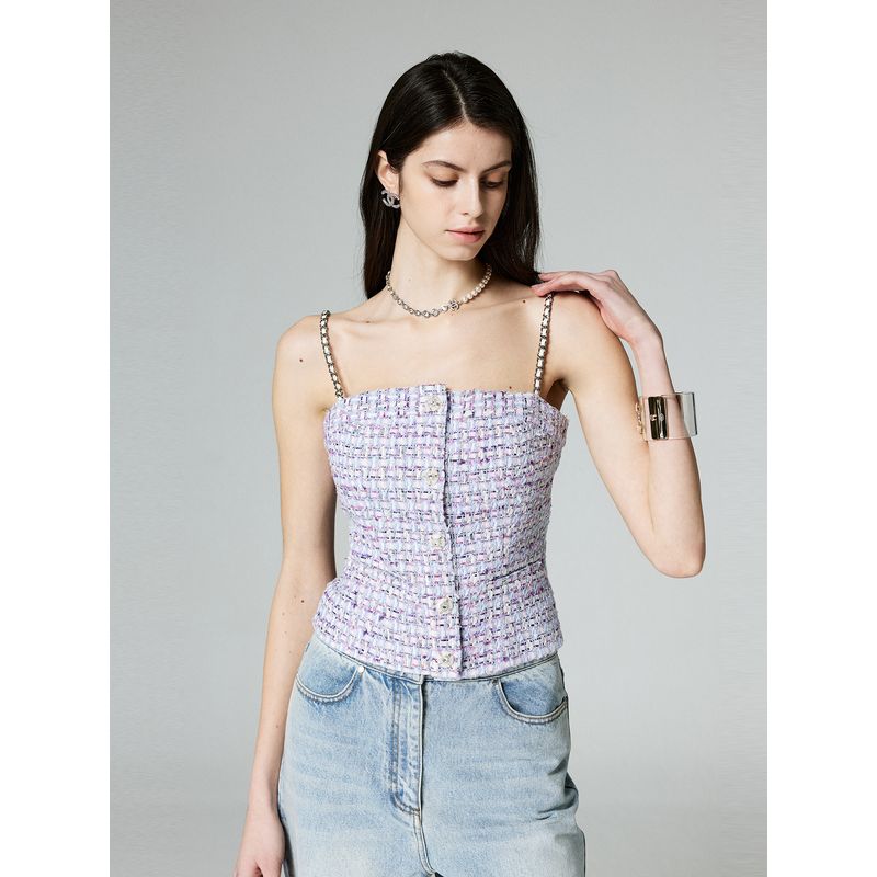 

Blacknini Yin Huafu Colorful Suit Luxury Brand Lt Curved Bell Sleeve Tweed Outwear/Tube Top/Shorts Purple Tube Top(Part of In Stock) L