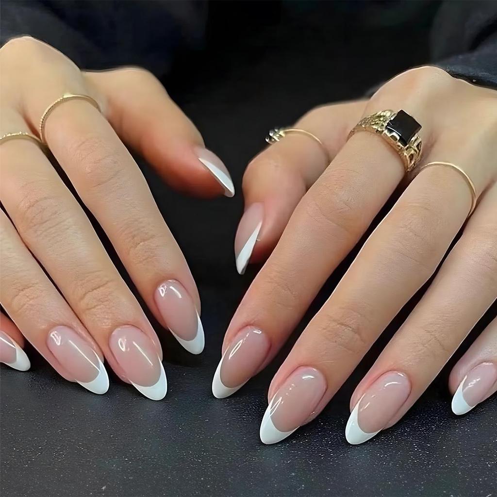 Almond French White Edge Wearable Press-On Nail Art Patches