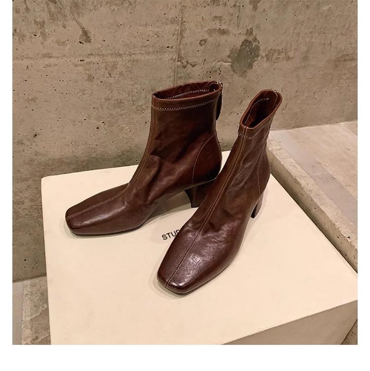 

Super soft sheepskin grape mother with square head thick heel Korean rear zipper high heel bare boots Martin boots women s thin short boots 40