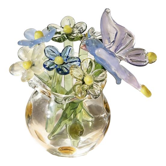 Miniature Glass Flower Figurine Small Hand Blown Faux Crystal Flower Bouquet in Vase
