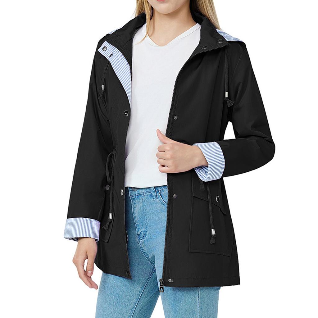 Womens Raincoats With Hood Lightweight Outdoor Hooded Waterproof Windbreaker Solid Trench Coat Jacket Plus Size