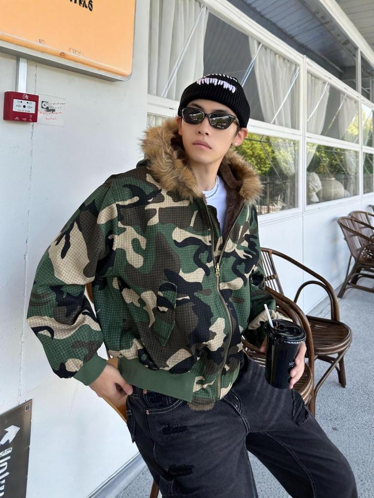 2025 Winter Men's Reversible Camouflage Streetwear Hooded Cotton Jacket