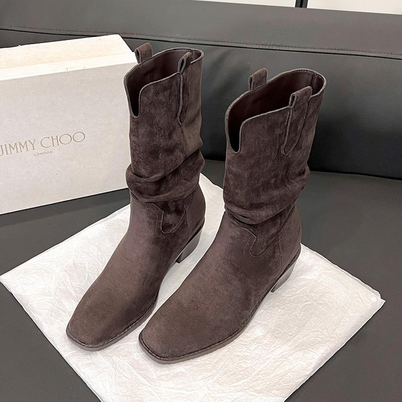 

Версия из овчины~ Западные ковбойские сапоги с прямыми складками, женские сапоги на толстом каблуке, тонкие ретро замшевые короткие сапоги с внутренней платформой 40 темно-коричневого