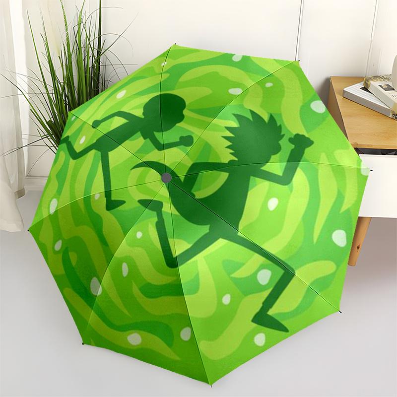 

Rick and Morty Portal Roundel Sticker, Green Background with Rick and Morty Running Umbrella, Cute Umbrella with Cute Design, Portable 3-Fold Compact