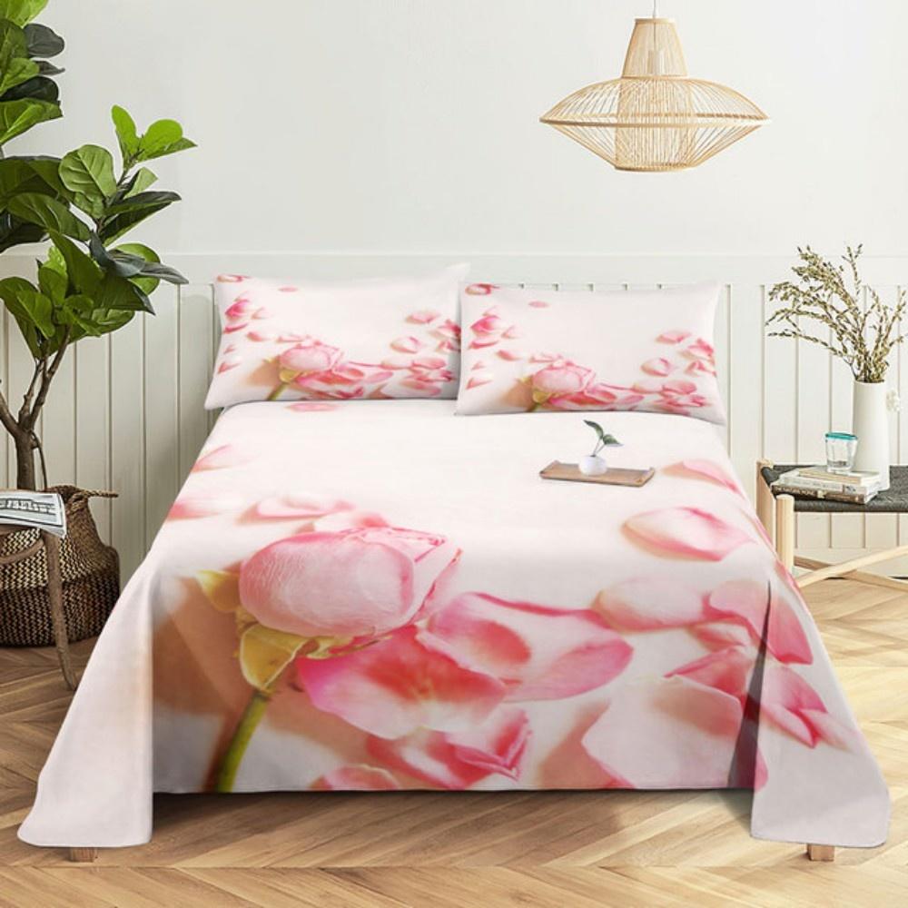 Pink Rose Bed Sheet Sets 3D Print Flowers Bed Flat Sheet for Women Girls King Queen Full Twin Size 2/3pcs Bed Linen Room Decor