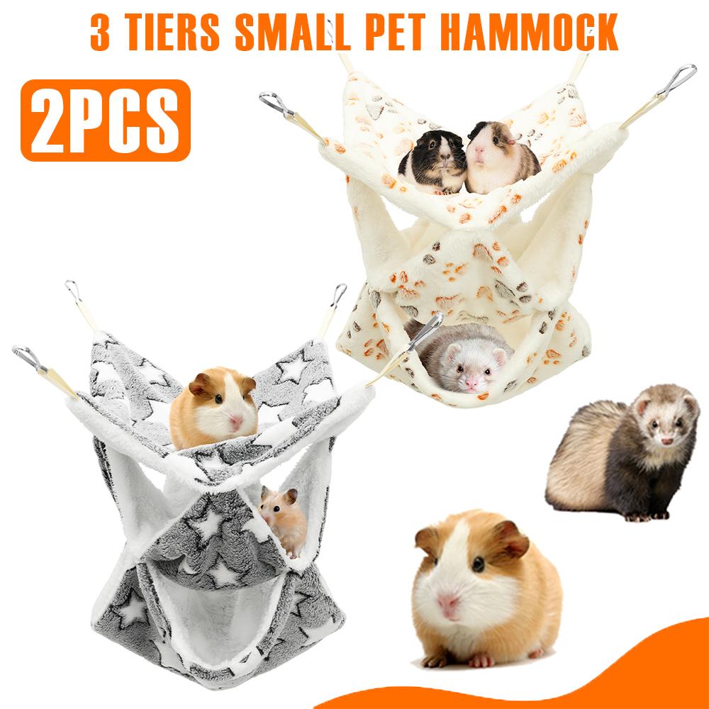 2Pcs Ferret Hammock Flannel 3 Tiers Hamster Hammock Small Pet Cage Accessories Plush Warm Bed Sleeping Bag for Guinea Chinchilla