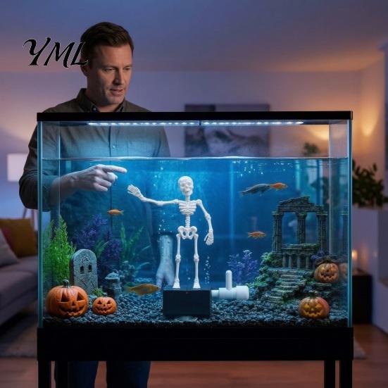 Spooky Halloween Decor Aquarium Dancing Skeleton, Bubble Driven Moving Joints Skeleton Underwater Skull Ornament, Realistic Swing