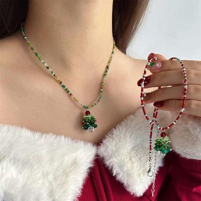 Handmade Christmas Tree Beaded Choker Necklace with Colorful Crystal Pendant