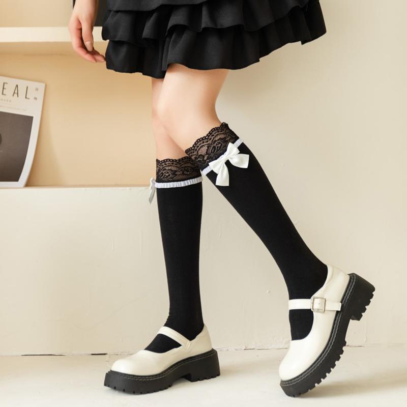 Sweet Lace Patchwork Calf Socks Lolita Bow White Cutewomen Mid-Tube Socks