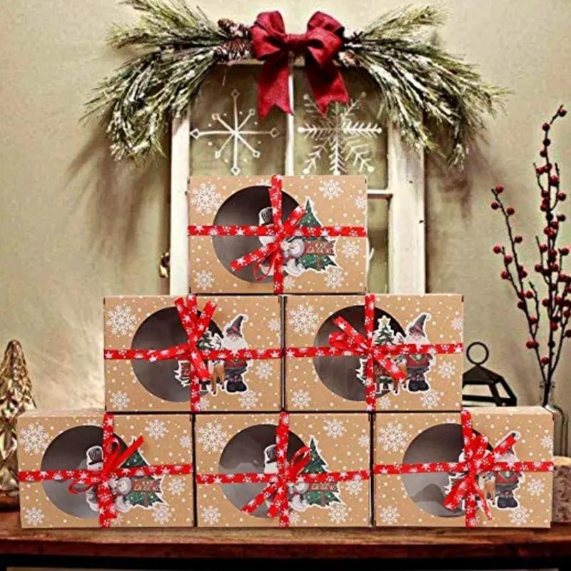 12Pcs Christmas Cookie Boxes with Clear Window and Xmas Ribbons Bakery Doughnut Gift Packaging