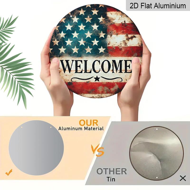 2D Flat 1pc, 8x8 In, Round Printed Aluminum Metal Sign, Welcome Sign with The American Flag, Home Gift Window Decoration, for Porch, Room, Home, Wall