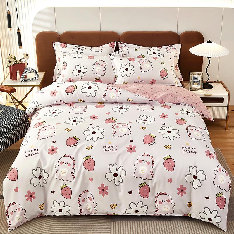 Kawaii Cartoon Dinosaur Duvet Cover Twin Queen Botanical Floral Bedding Set Pink Strawberry Comforter Cover with 2 Pillow Sham