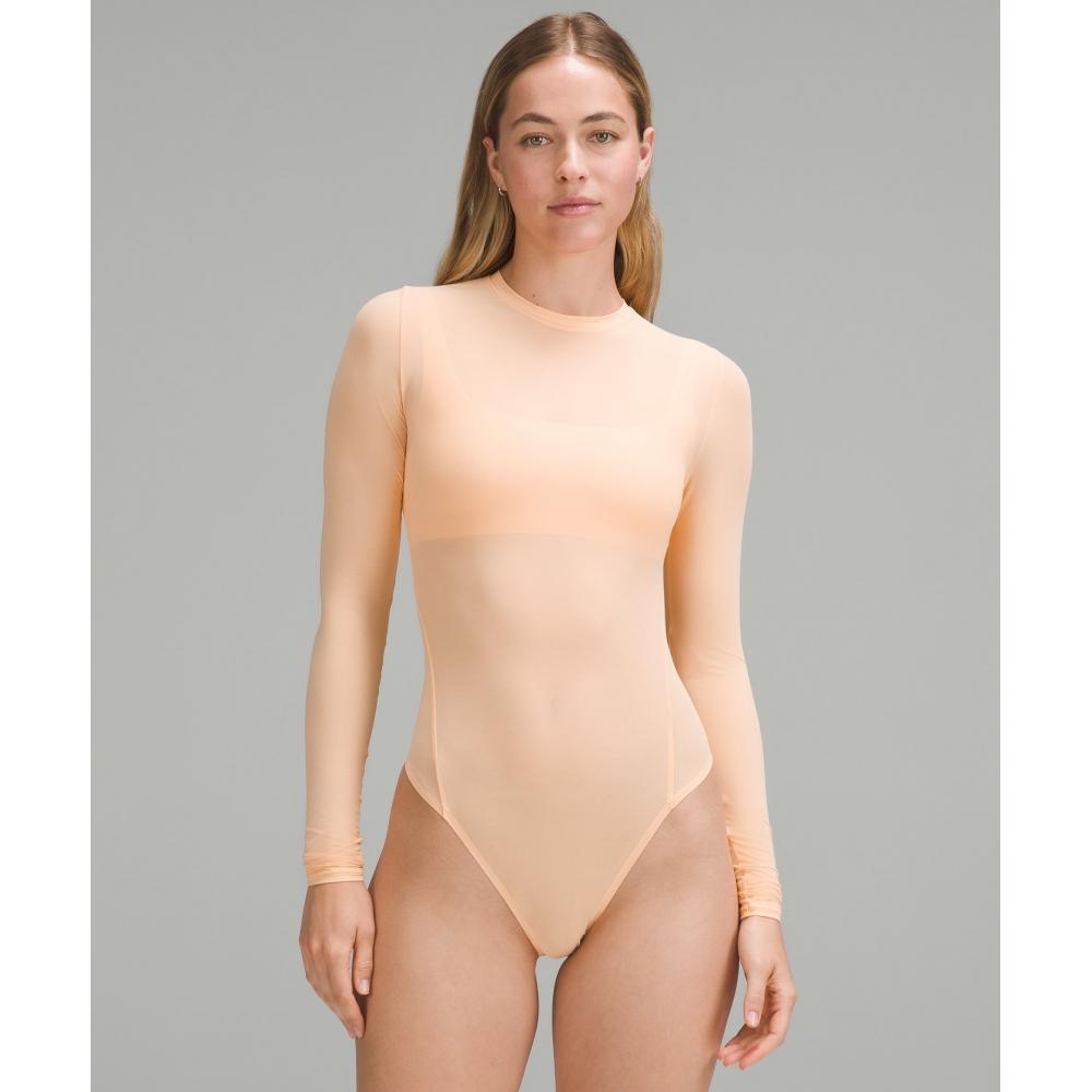 Lululemon Wundermost Nulu Mesh Langarm Rundhals Bodysuit Peach Bellini