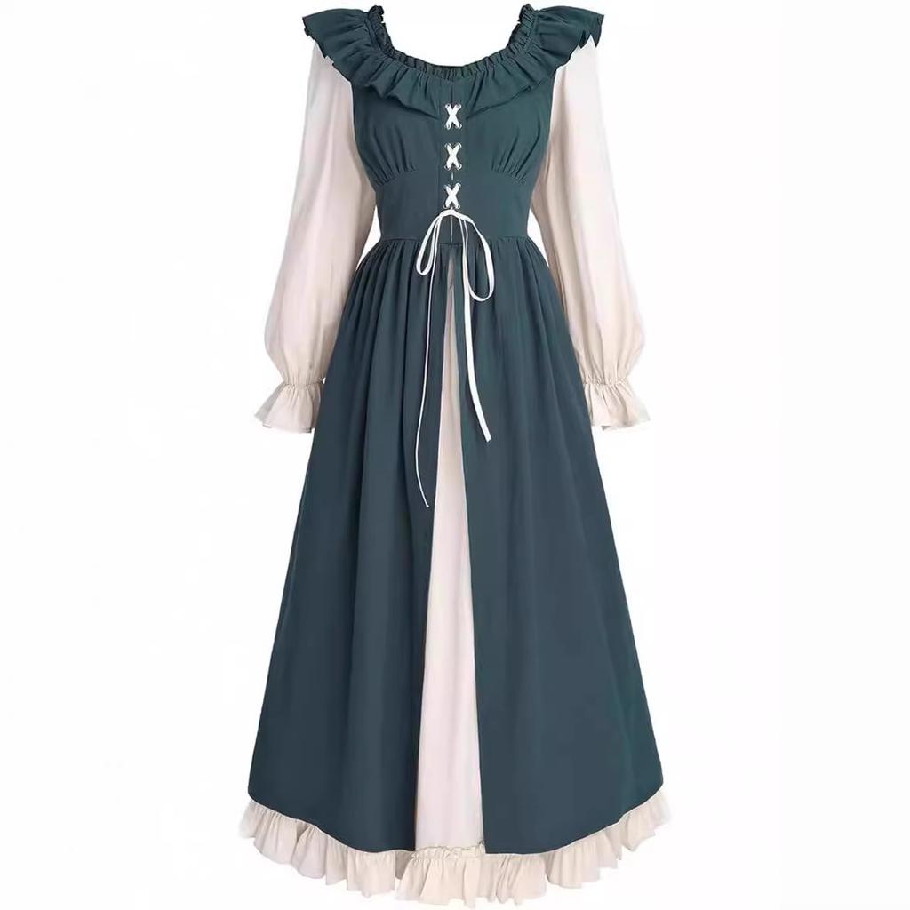 Abito Lungo Medievale Rinascimentale da Donna con Collo Arricciato Maniche a Lanterna Corsetto Allacciato Abito da Contadina Vintage Cottagecore Festa di Halloween Cosplay Abito Lungo