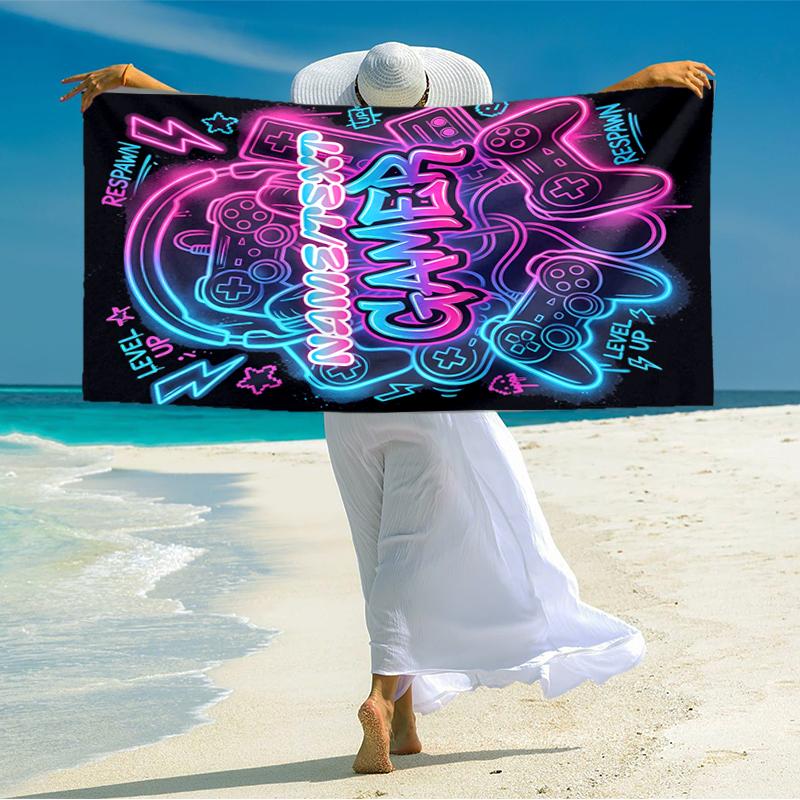 1PC Custom Name Neon Gamer Vibes Beach Towel Highly Absorbent And Sand-Resistant Towel for Swimming, Pool, Yoga, And Travel Lightweight