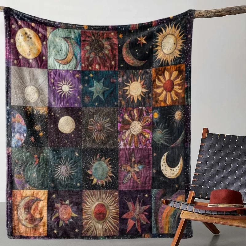 Vintage Sun & Moon Flannel Blanket – Soft Cozy Throw for Sofa, Bed or Camping – All-Season Gift for Home, Office or Travel Use