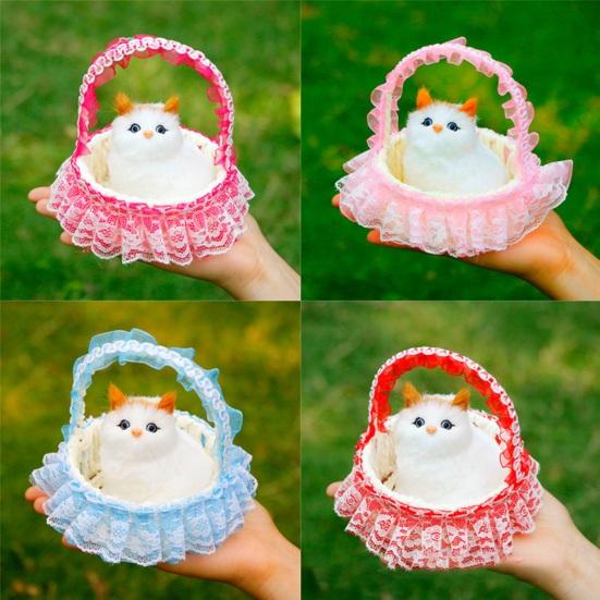 Cat In Flower Basket Model High Fidelity Fuzzy Kitty Shirring Lace Decor Battery-operated Soft Touch Plush Squeaking Feature Toy Figurine Holiday