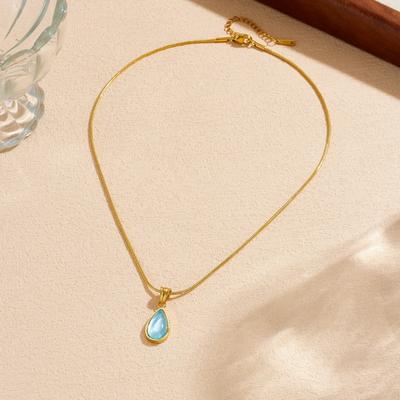 Gold Plated Snake Chain Necklace with Teardrop Shaped Blue Stone Pendant Fashion Jewelry for Women